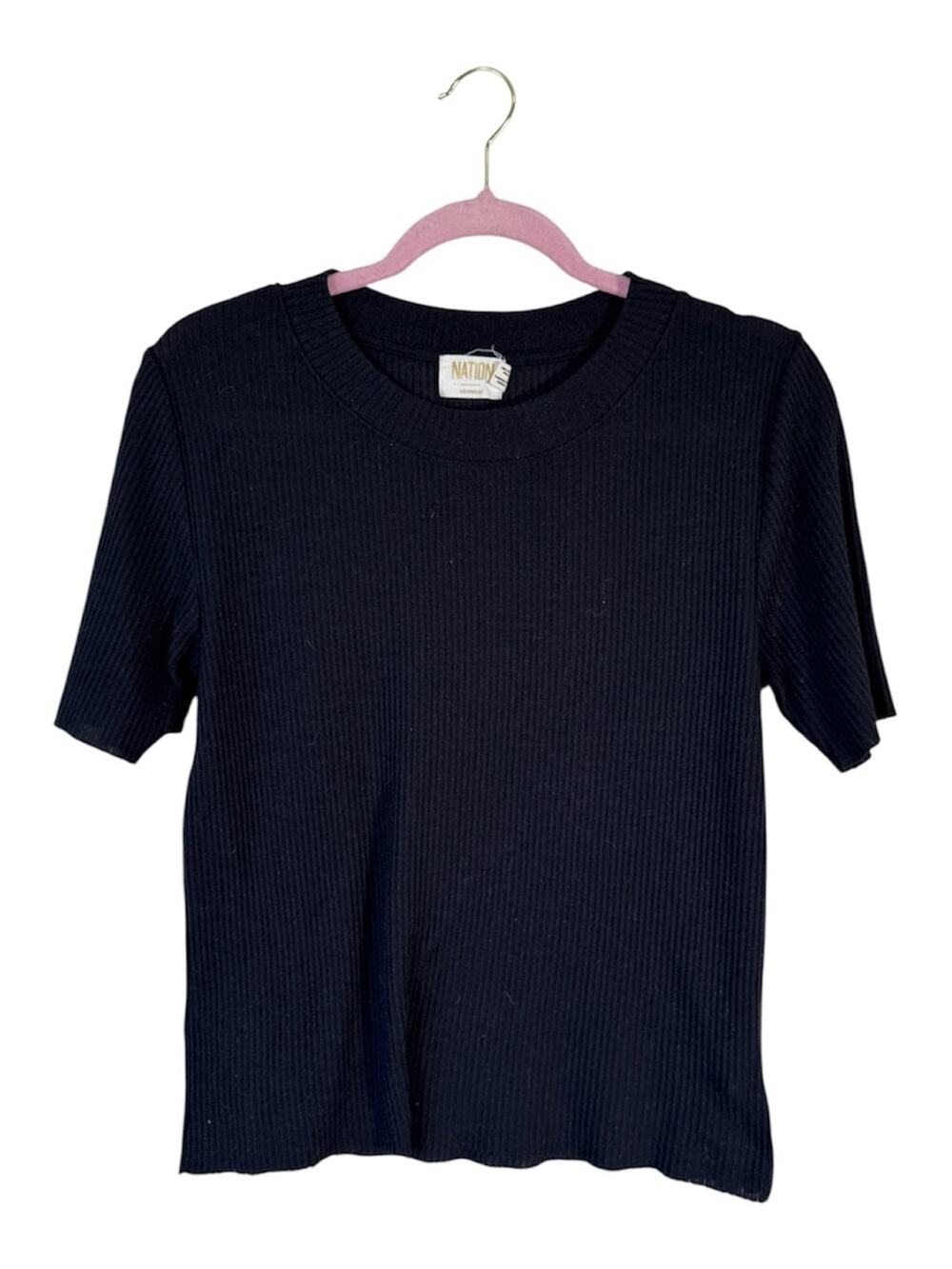 Nation LTD Black Ribbed Short Sleeve Sweater Women M Classic Casual Basic Staple